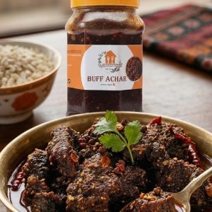 Authentic Nepali Buff Sukuti Achar jar with traditional spices.